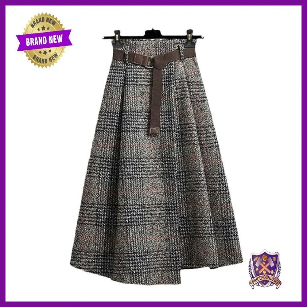 Wool Midi Skirt High Waist A-Line Asymmetrical Hem Split Vintage